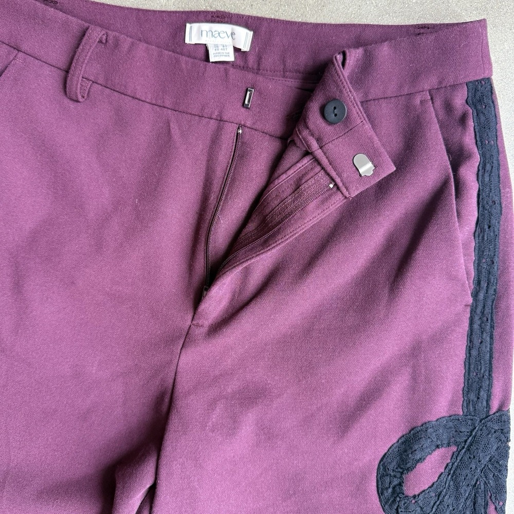 Maeve By Anthropologie Ribbon Slim Flare Trouser Pant Maroon Sz 12 Tall Coquette - Picture 4 of 7
